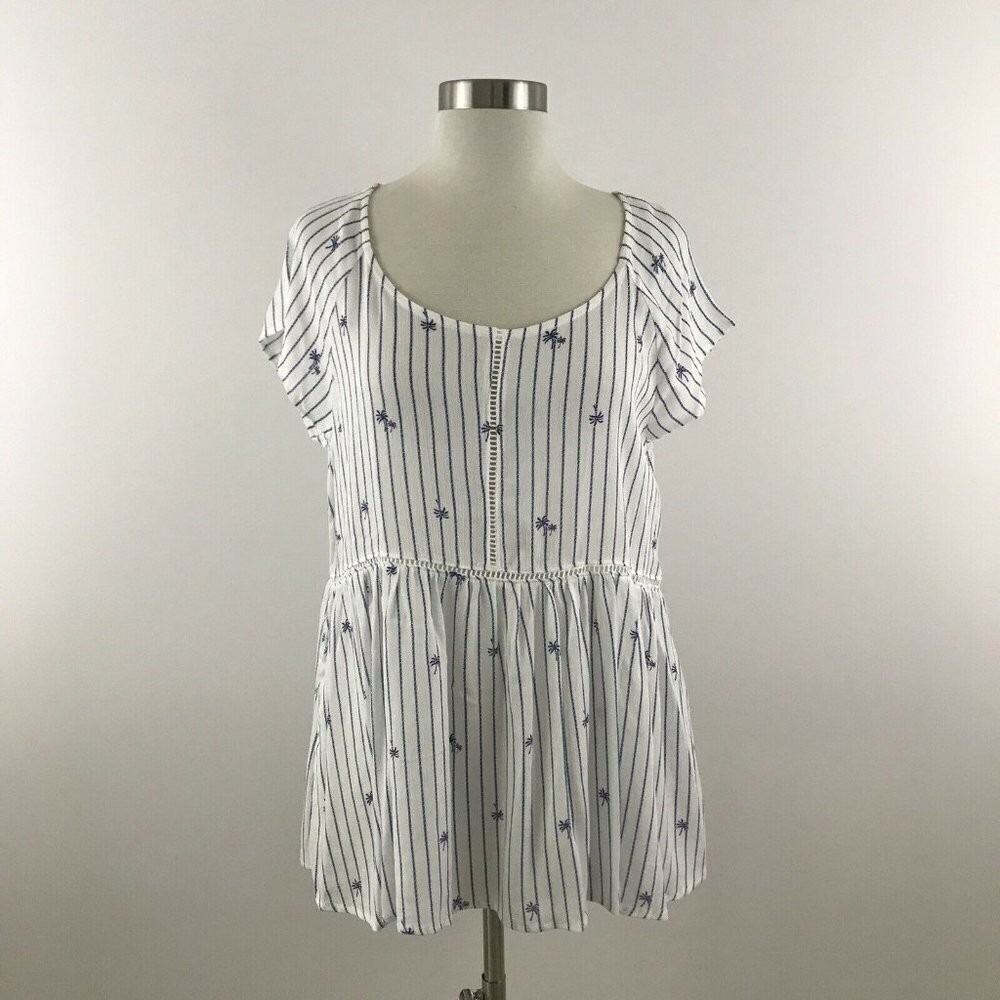 Crescent Women's Top Medium White Blue Stripe Palm Tree Print Lattice Flowy